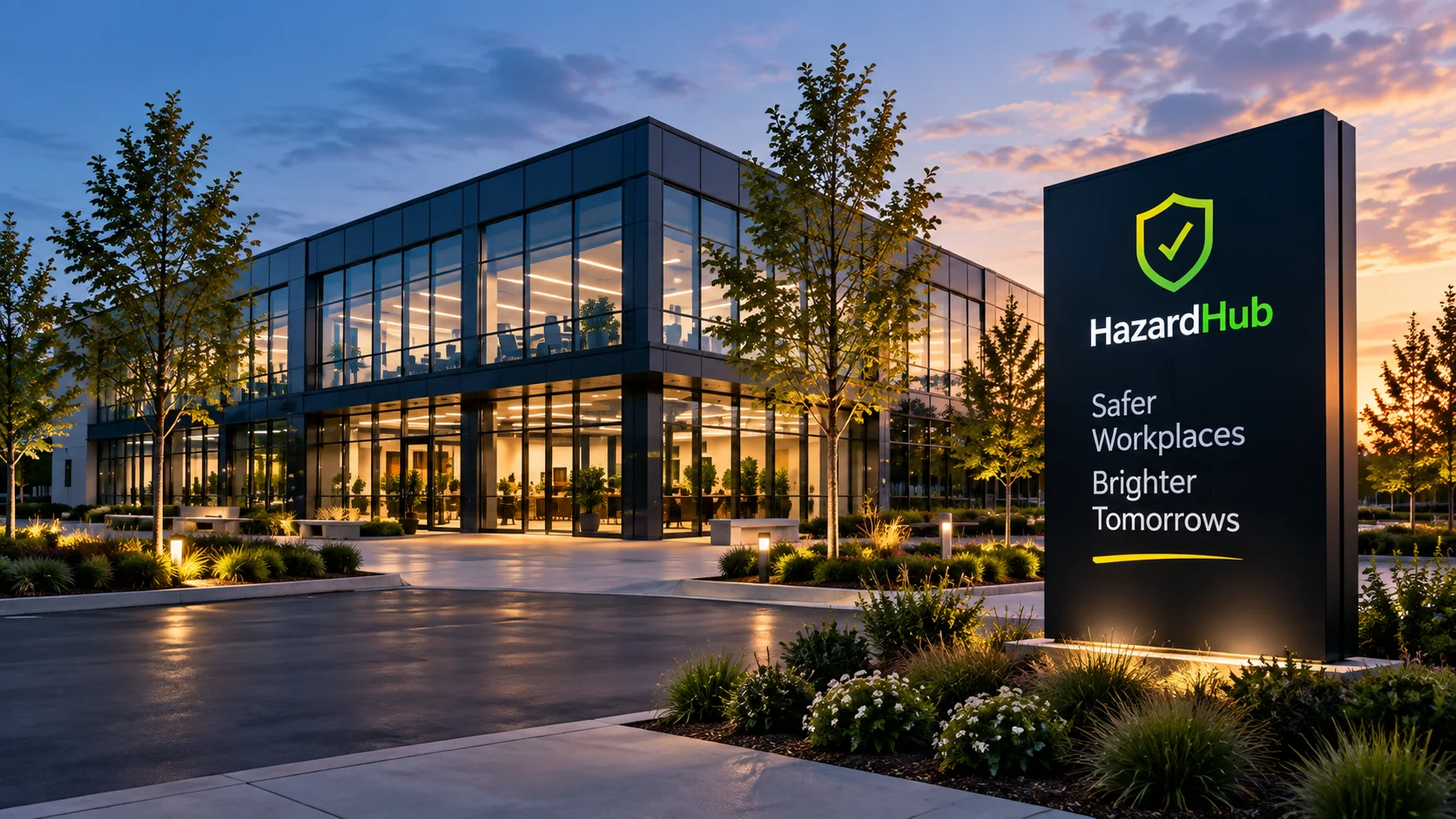 Modern workplace campus at twilight