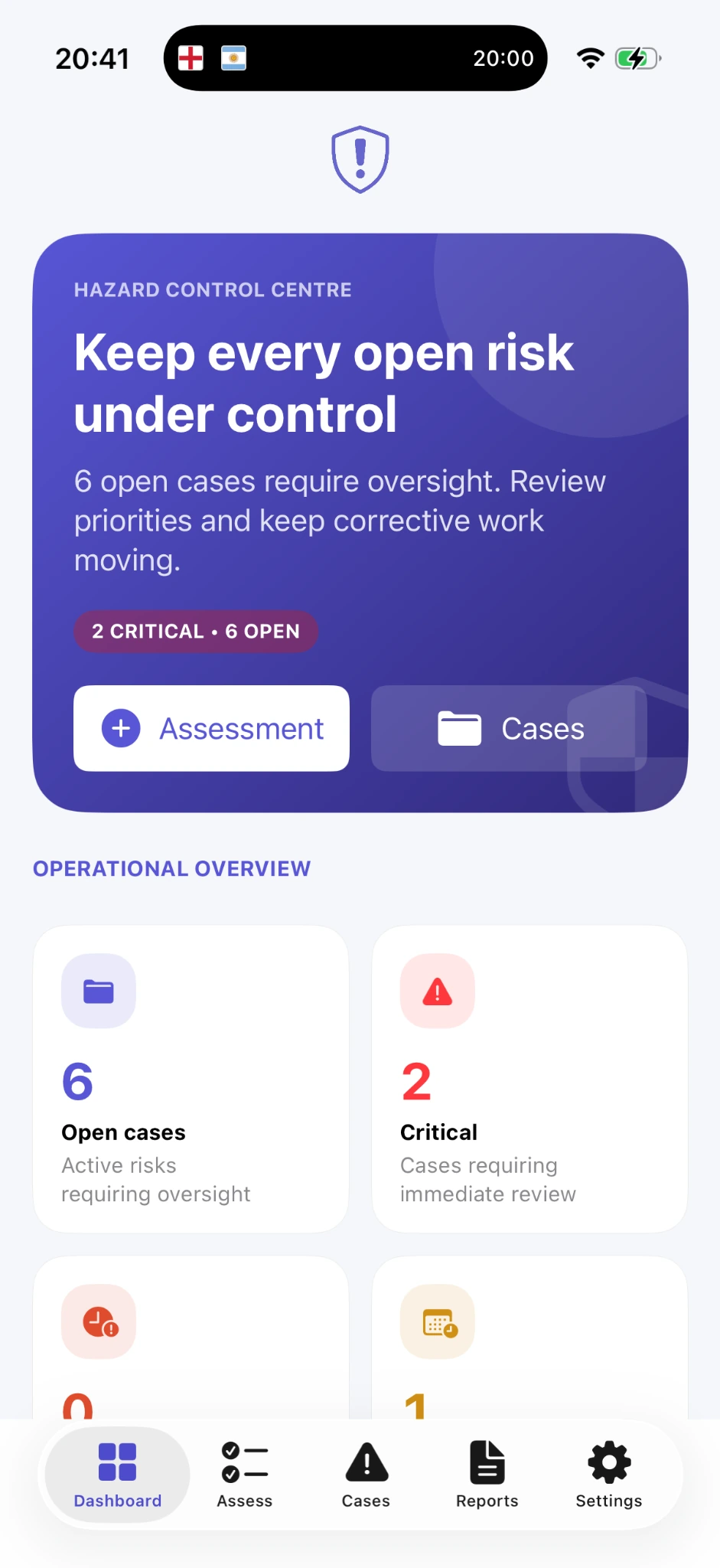 HazardHub Hazard Control Centre showing open cases and critical priorities