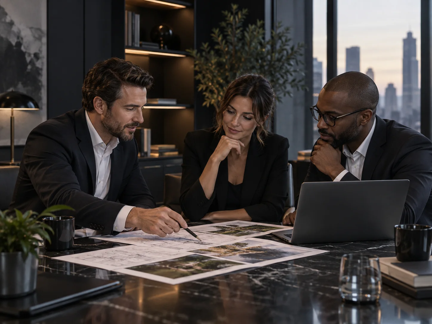 Professional meeting discussing plans and project information