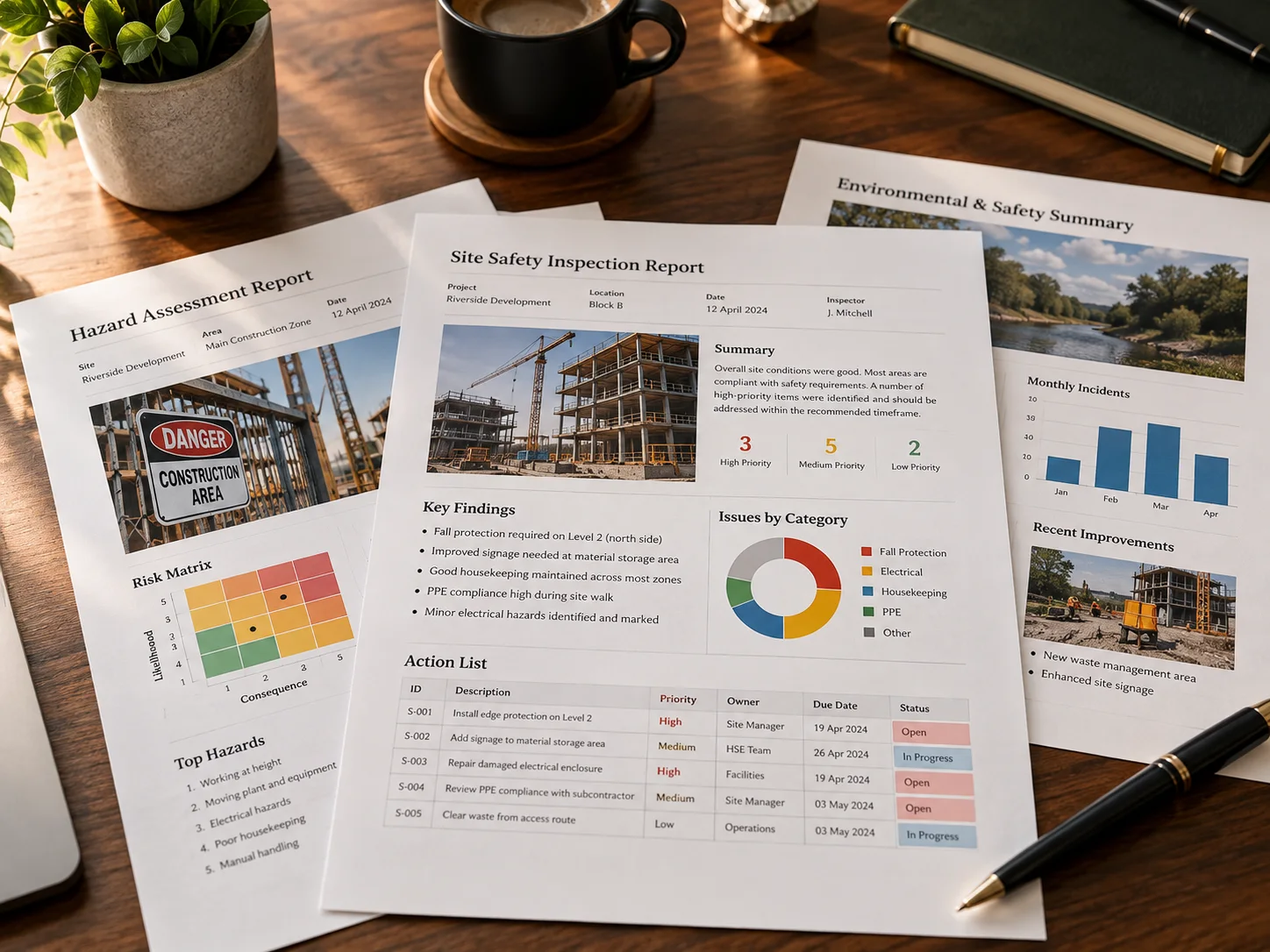 Printed safety reports presented on a desk